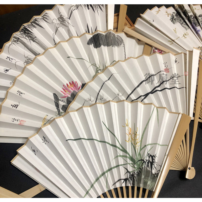宣纸折扇789寸18方手绘花鸟扇面配精美手工玉竹扇骨