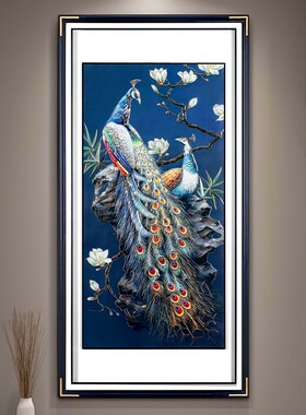 新中式玄关过道背景墙竖版挂画富贵吉祥铜雕画手工雕刻孔雀壁画