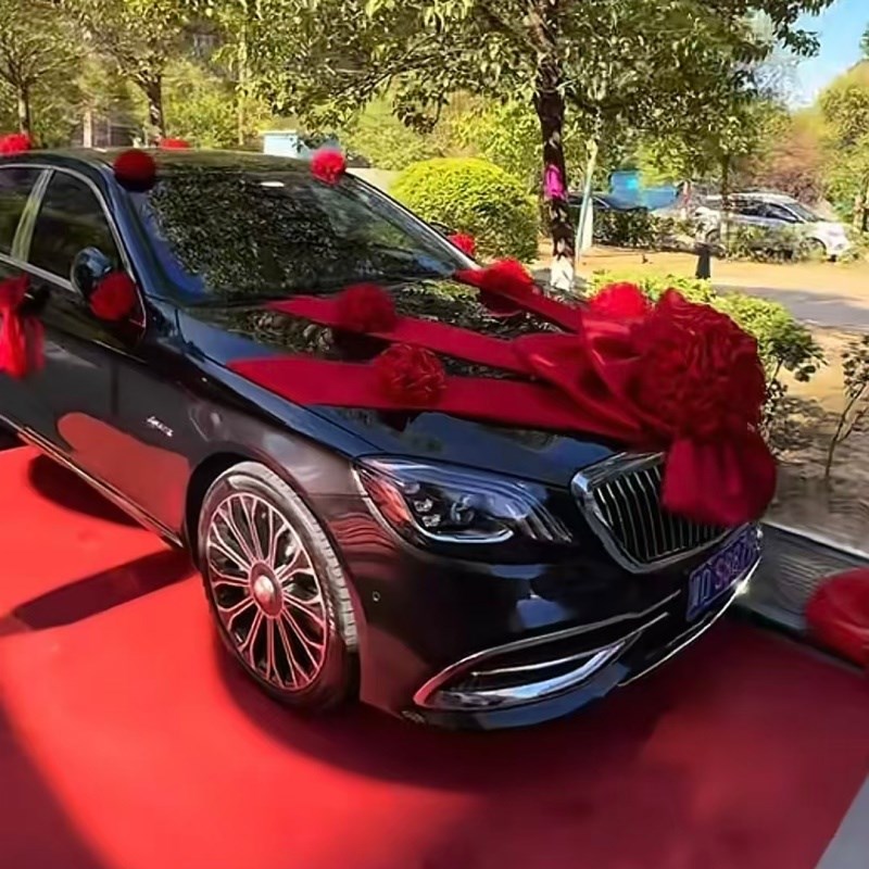 豪华覆古中式结婚婚车蝴蝶结大红花球陪嫁车主婚车头车布置红绣球