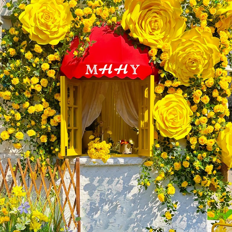仿真玫瑰花瀑布墙藤蔓装饰花藤条黄色假花网红打卡区门头墙面造景