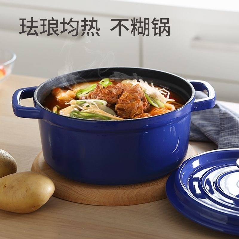 家用珐琅锅铸铁锅汤锅无涂层炖锅双耳铁锅微压锁水焖烧煮锅砂锅煲