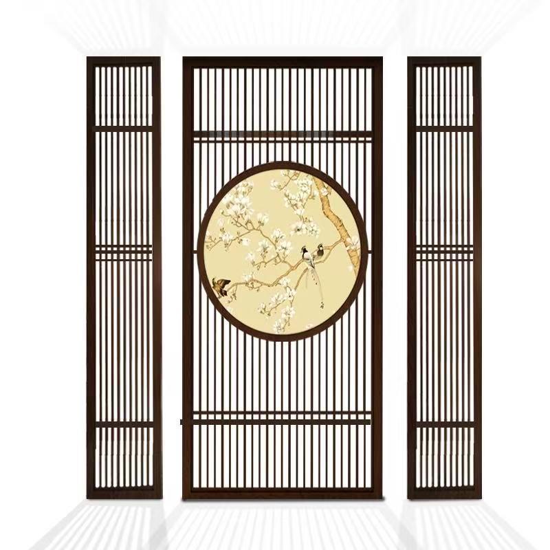 新中式实木花格屏风入户玄关木隔断客厅镂空格栅月洞门置物架定制