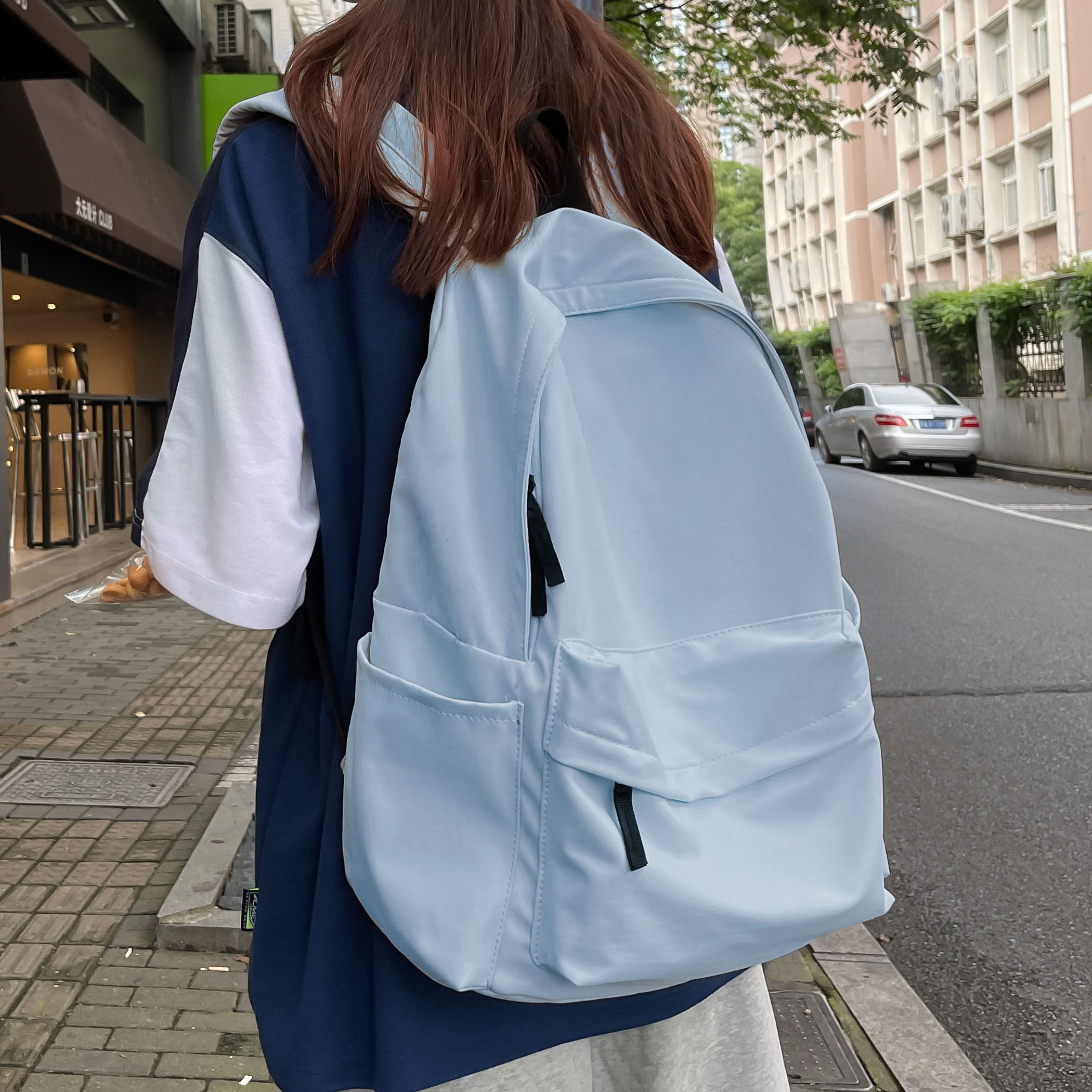 书包初中女生蓝色帆布中学生韩系学院风背包大容量大学生双肩包女