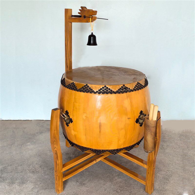 寺庙用鼓椿木黄牛皮铃钟鼓道场法器带帝钟实木鼓架诵经鼓佛具用品