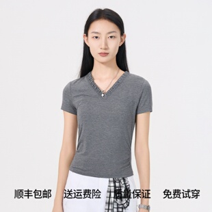 阿玛施专柜同款2026夏季V领花边纯色显瘦百搭短袖T恤女130209