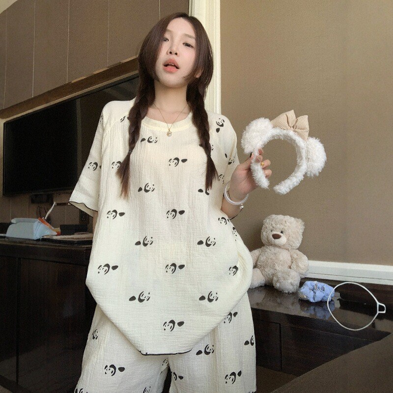 可爱熊猫夏季婴儿棉纱睡衣短裤套装女款2025新款双层纱家居服夏天
