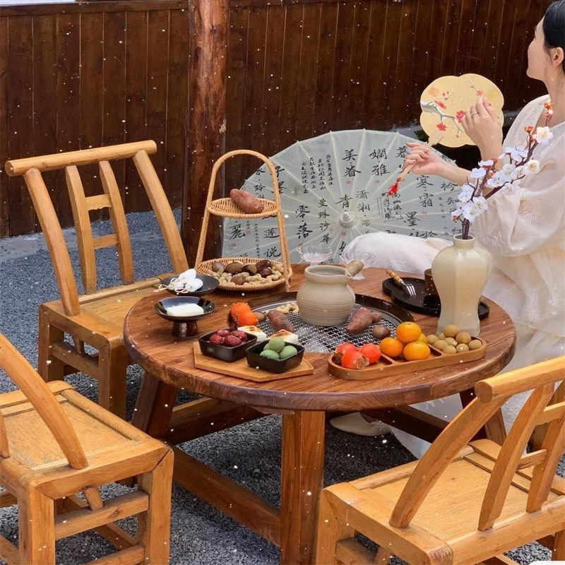 冬日围炉煮茶烤火炉套装家用室内桌电炉碳炉木桌烧烤一体电碳两用