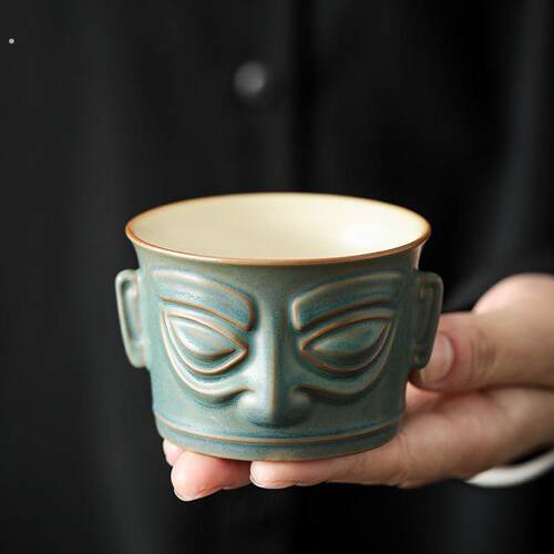 三星堆青铜面具主人杯单杯陶瓷功夫茶杯单个中式复古品茗小碗茶杯