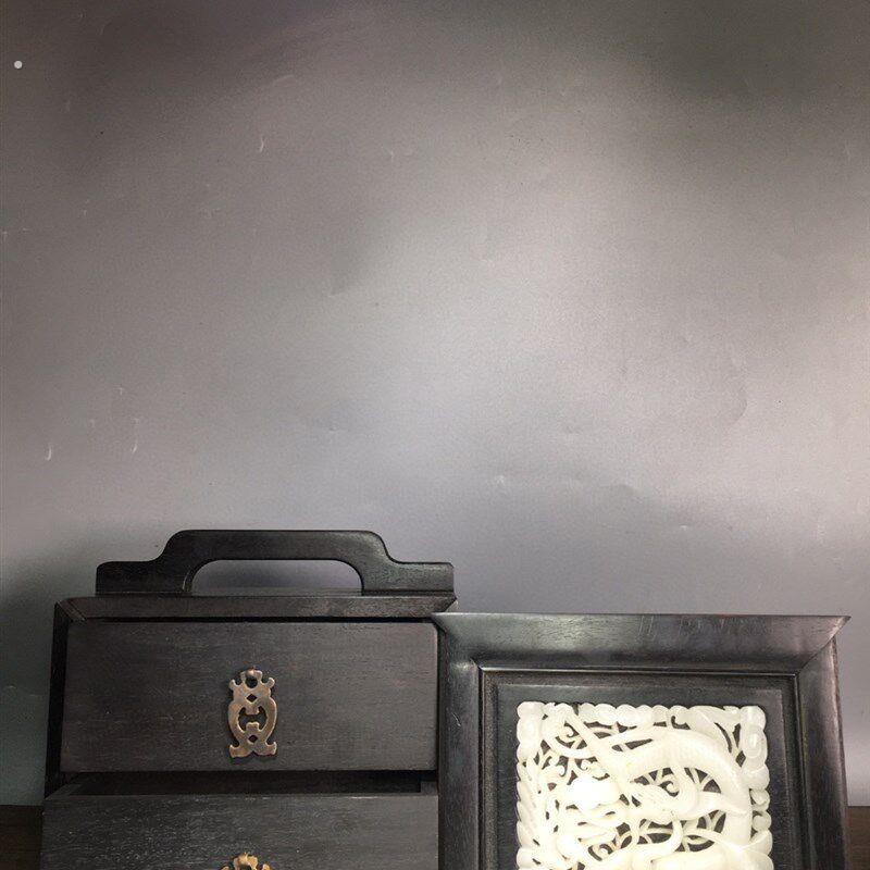 古董实木手工黑檀木首饰盒子摆件老白玉多宝箱子家用收纳盒储物盒