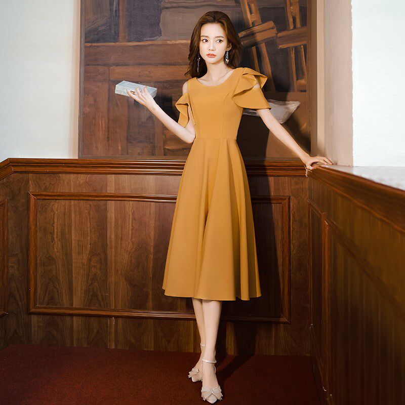 晚礼服女宴会气质轻奢小众高端高级感平时可穿小个子姜黄色连衣裙