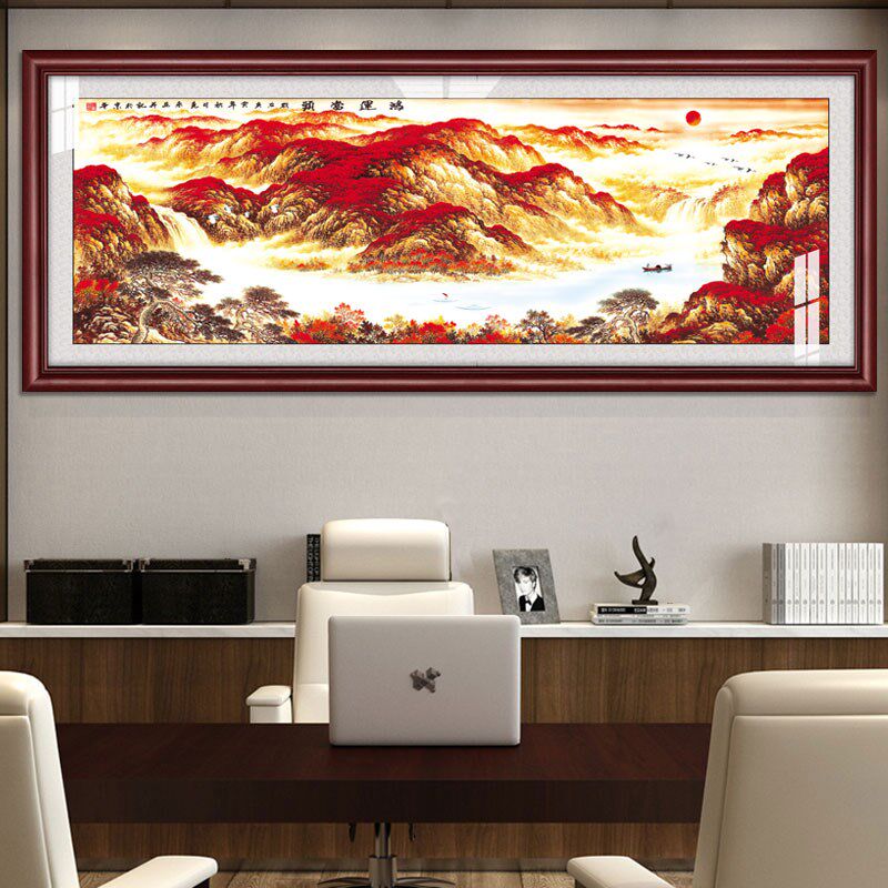 鸿运当头流水生财国画山客厅办公室风景靠山水挂画办公桌背景牌扁