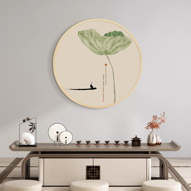 禅意荷花挂画玄关装饰画圆形新中式茶室背景墙画玄幻莲花心经字画