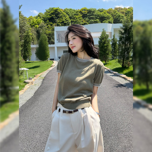 撞色圆领正肩T恤女新款显瘦短袖