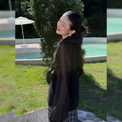 微透插肩长袖T恤女宽松显瘦上衣
