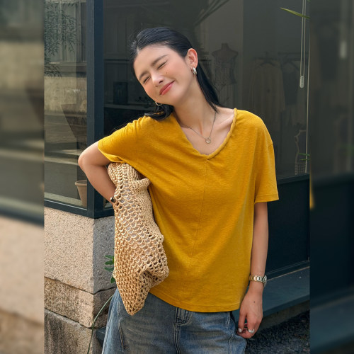 V领短袖T恤女透气简约显瘦纯色