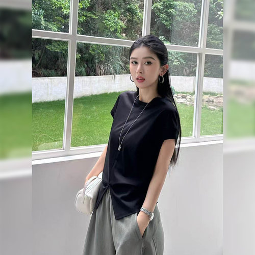 简约短袖T恤女拼接开叉上衣