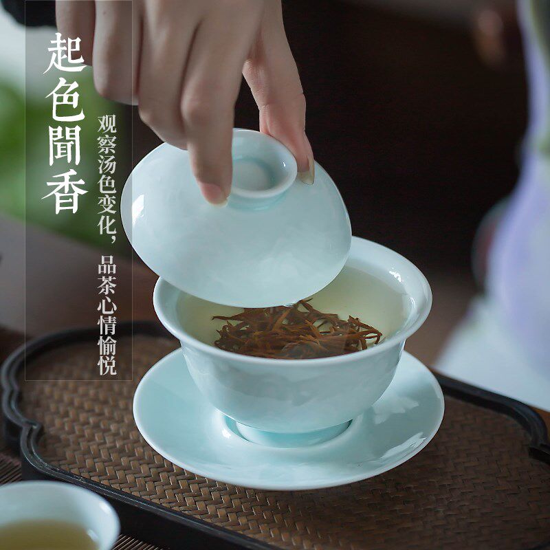 景德镇雕刻影青瓷三才盖碗茶杯不烫手家用大号手工陶瓷泡茶碗单个