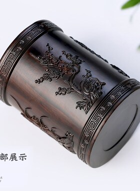 黑檀木笔筒实木工艺品摆件 新中式桌面原木头雕刻定制红木质笔桶