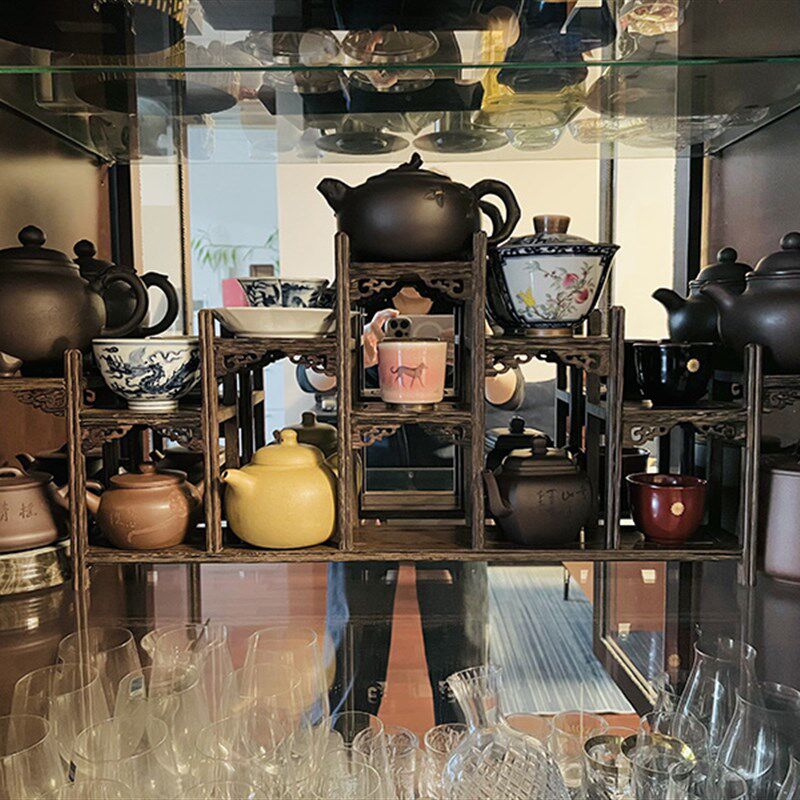 鸡翅实木中式博古架紫砂壶茶壶小型多宝阁摆件茶具茶宠石头展示架