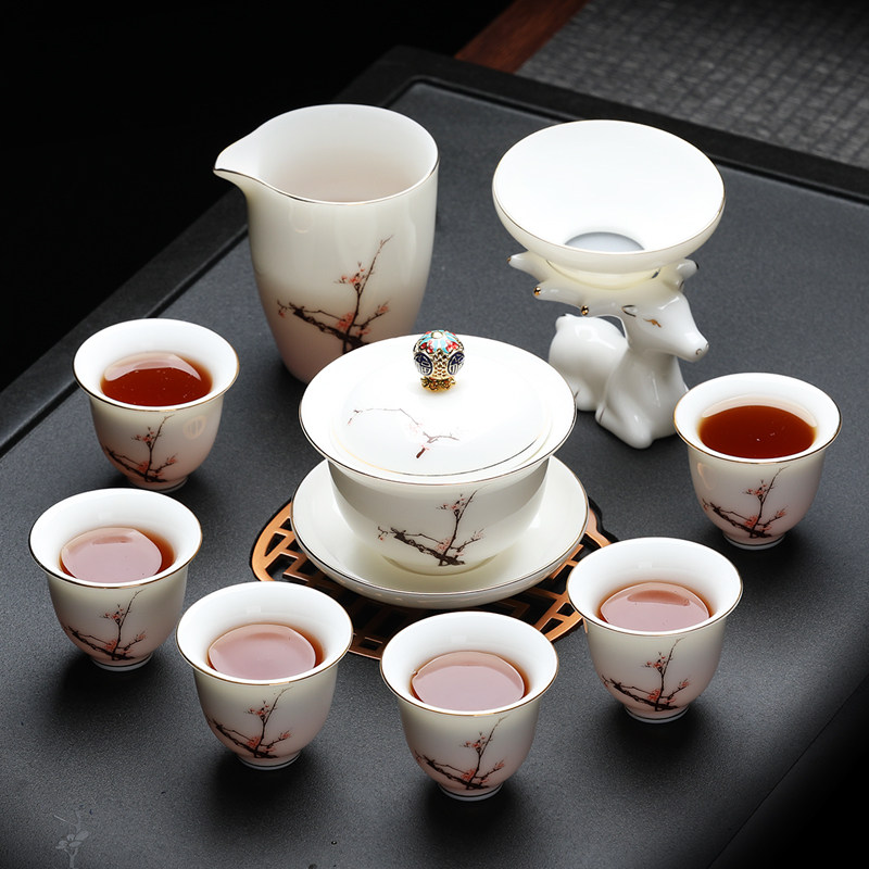 茶具礼盒装套装家用盖碗防烫容易清洗羊脂玉泡茶白瓷高档玻璃功夫