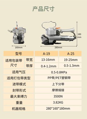 A19/25气动打包机绿色塑钢带热熔免扣半自动捆扎机