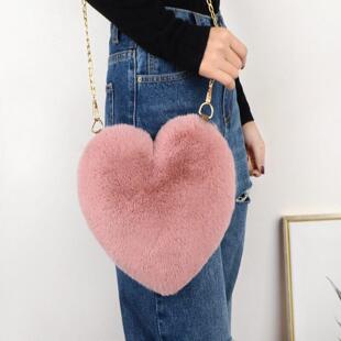 新款 仿兔毛桃心可爱儿童心形包单肩斜挎链条包包皮草爱心包