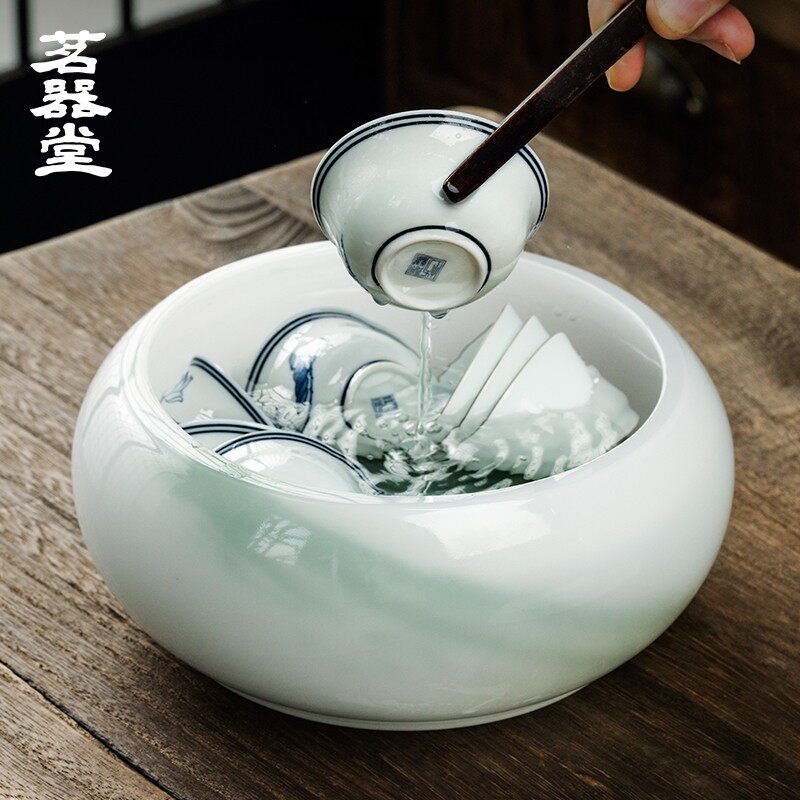 茗器堂水墨玉瓷茶洗茶碗琉璃羊脂白玉石大号笔洗水盂功夫茶具配件