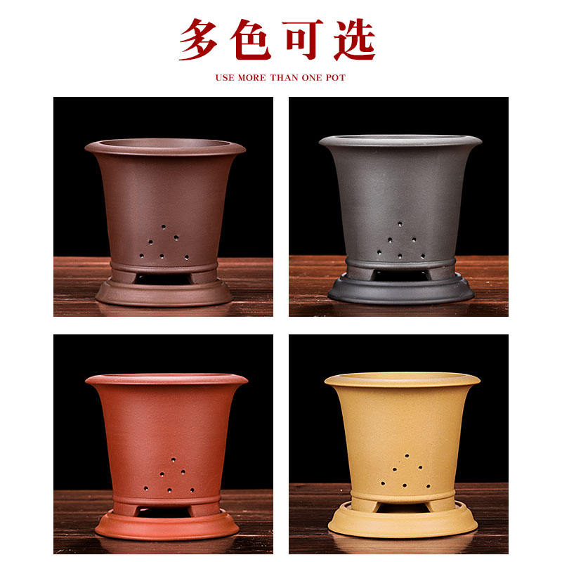 宜兴紫砂花盆陶瓷透气红紫黑黄圆形高档带托盘室内矮兰花花盆包邮