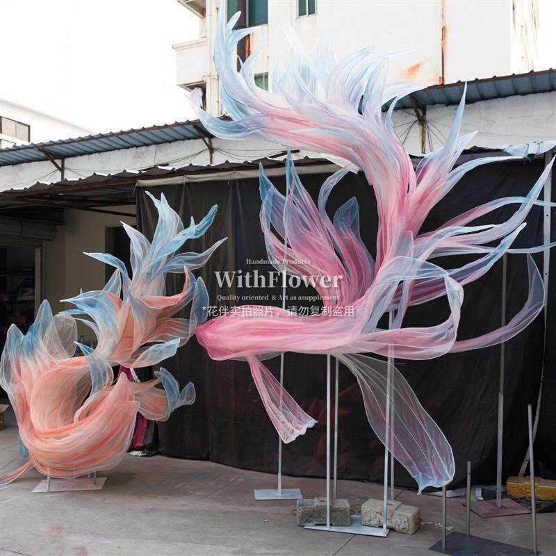 婚庆巨型纸花大型真丝飘带丝网道具花鱼造型婚礼纸艺装置摆件花艺