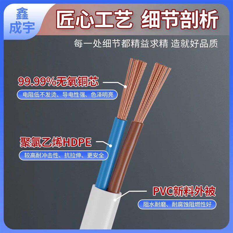 RVV国标纯铜电线软线家用二芯护套线2芯1.5/2.5/4平方户外专用线