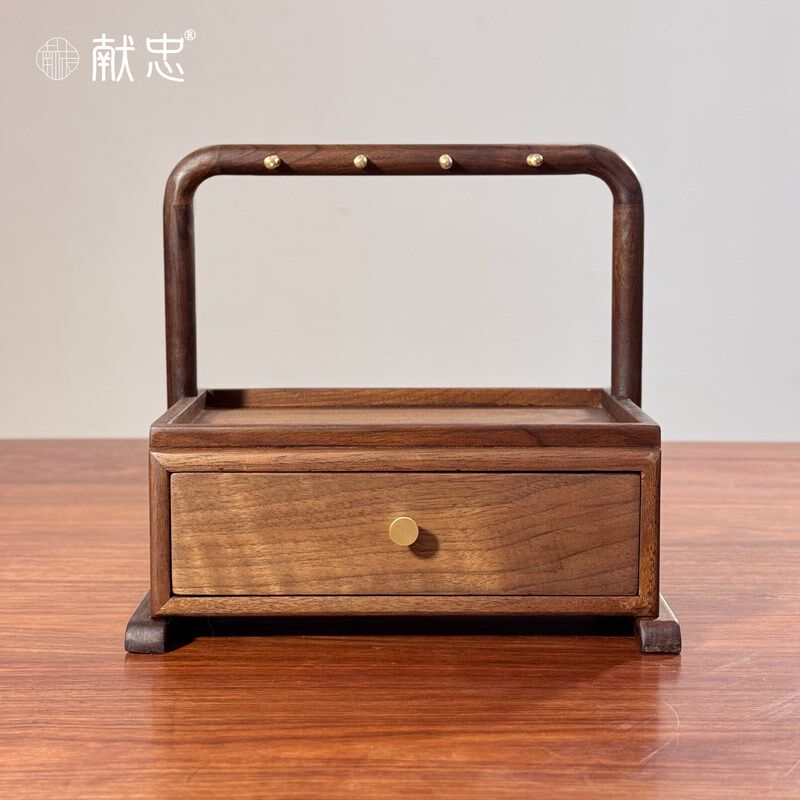 黑胡桃木玄关挂钥匙收纳盒摆件门厅门口置物架抽屉式首饰盒手串盘