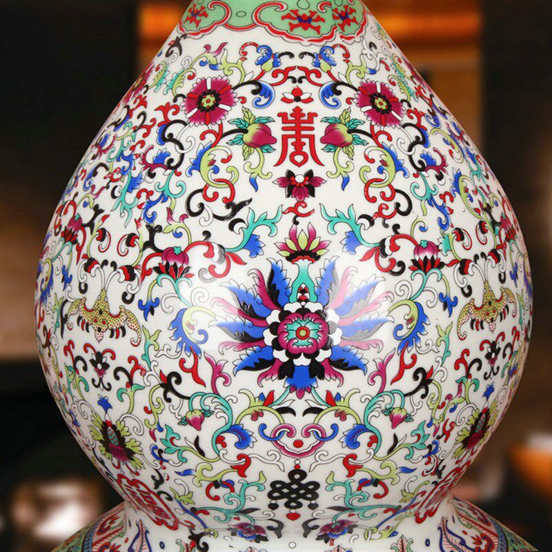 景德镇陶瓷器 仿古中式珐琅彩瓷白福寿葫芦花瓶 现代家居工艺摆件