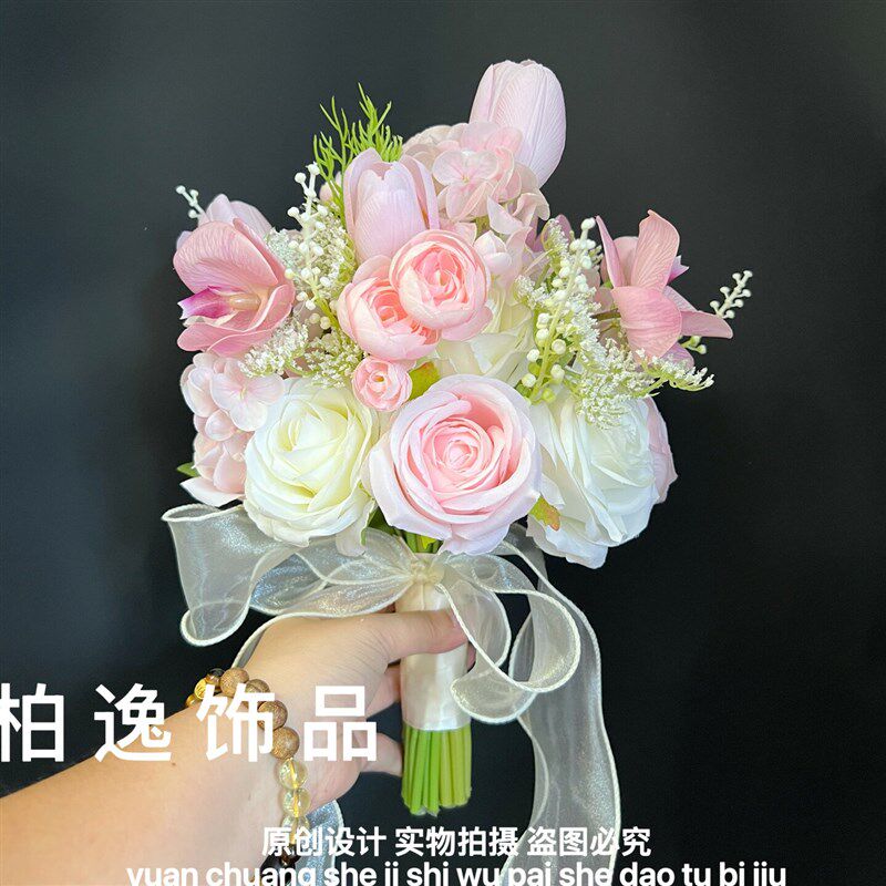 结婚手捧花蝴蝶兰玫瑰花混搭仿真花束多色选择婚纱摄影婚庆花束