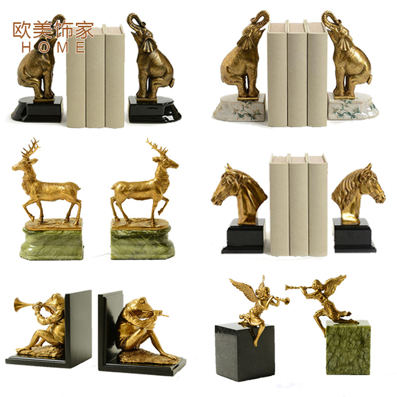 陶瓷配铜装饰摆件 欧式书房家居饰品 别墅会所陶瓷配铜大象书档