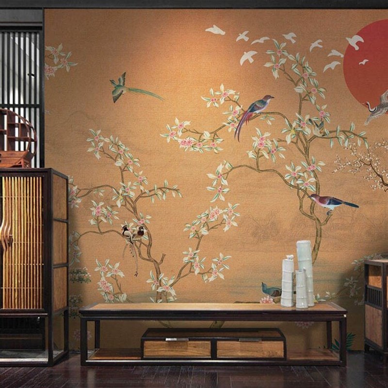 新中式仙鹤花鸟墙纸电视背景墙定制壁画无缝墙布法式复古酒店壁纸