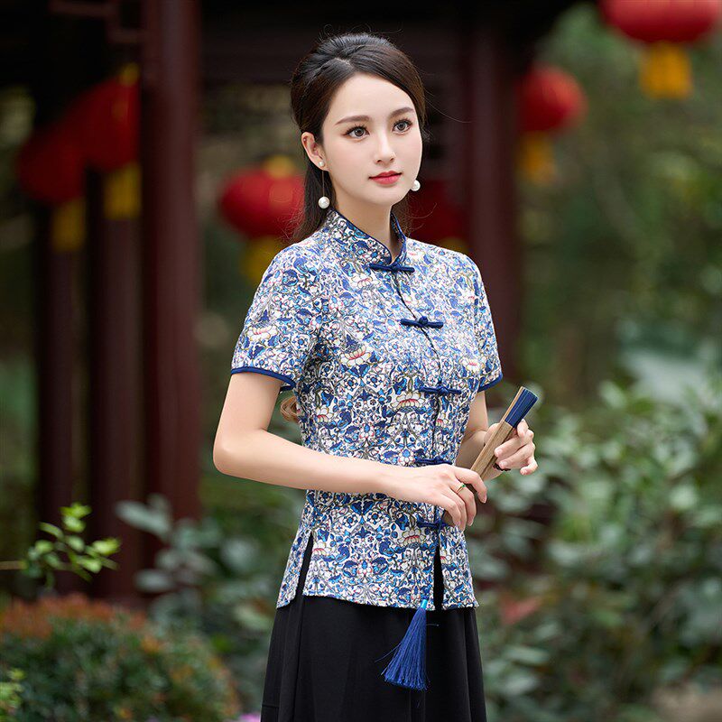 新款唐装女短袖旗袍式上衣修身复古中式改良中国风盘扣茶服女素衣