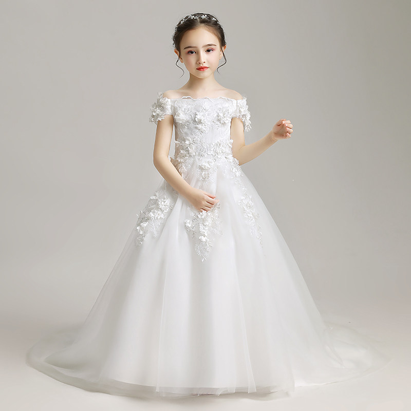 女童晚礼服公主裙儿童婚纱拖尾蓬蓬纱一字肩钢琴表演服走秀演出服