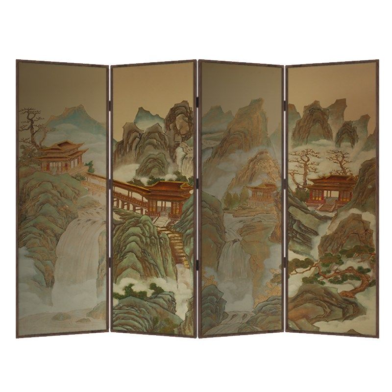 东方侘寂中式屏风隔断客厅办公室酒店茶室背景古典移动折屏山水画