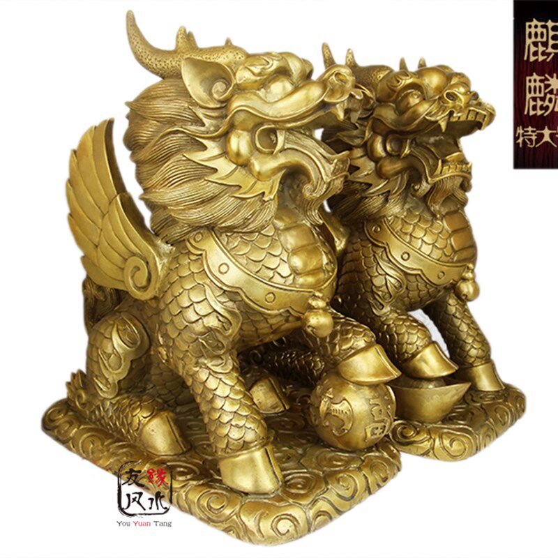 纯铜大号麒麟摆件一对 招财鎮宅旺财 家居店铺客厅玄关工艺品摆件