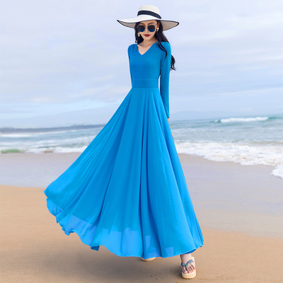 2021夏季新款长袖气质雪纺显瘦长款大摆连衣裙脚踝沙滩裙长裙飘逸