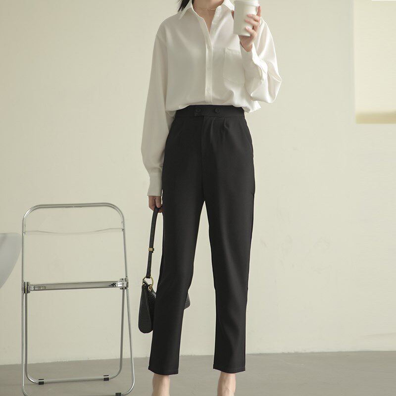 西装裤女春装大码小个子女裤显瘦九分高腰垂感直筒宽松休闲烟管裤
