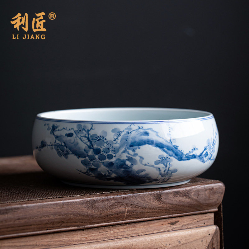 仿古泥手绘青花陶瓷茶洗盆茶具家用大号茶杯洗笔洗茶渣缸茶盂水盂