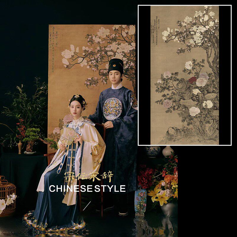 复古中国风花鸟工笔画中式拍照背景布古风明制汉服婚纱照全家福图片
