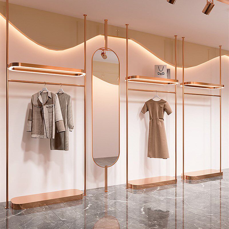 服装店展示架不锈钢玫瑰金立柱上墙壁挂女装店挂衣服架子陈列货架