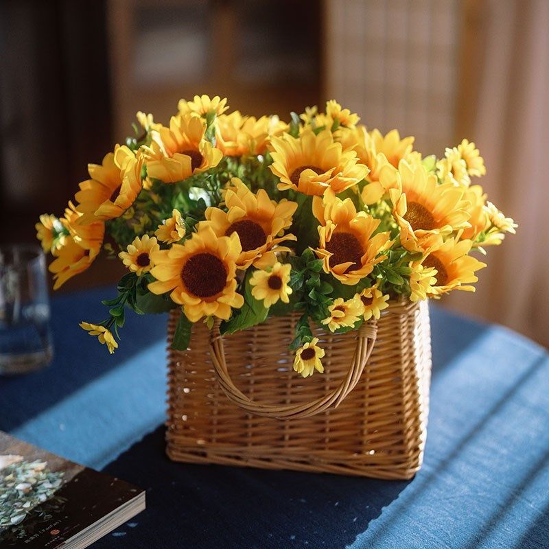 向日葵仿真花摆件假花客厅餐桌向日葵桌面绢花提篮花婚庆拍照道具