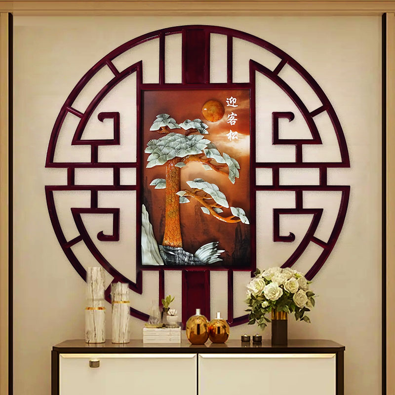 新中式圆形装饰画入户玄关正对门五福临门客厅壁画玉石画玉雕挂画