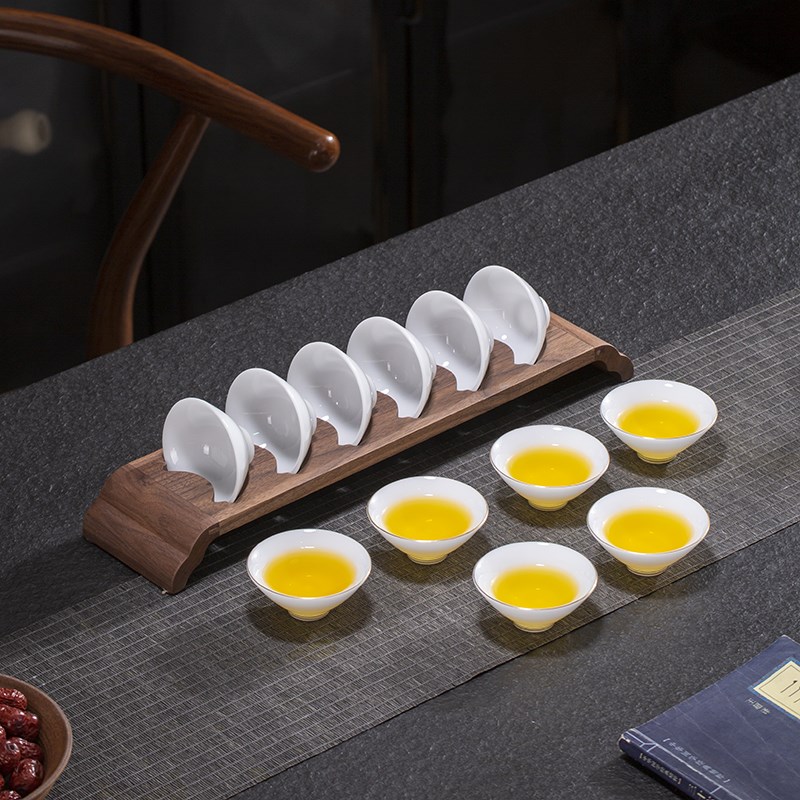 高端冰种玉瓷大号斗笠杯6只装功夫小茶杯带胡桃木杯架羊脂玉白瓷