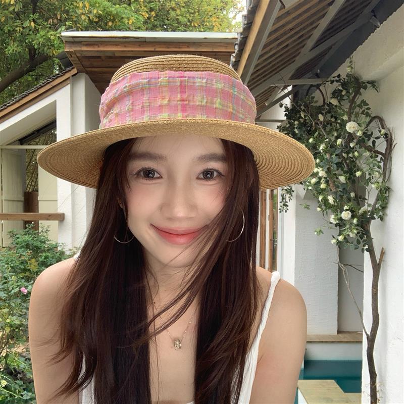 台湾纸草编织草帽女夏季法式平顶出游小礼帽格子织带遮阳帽防晒帽