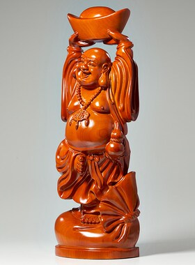 花梨木雕托元宝弥勒佛像摆件实木雕刻大肚开心笑佛聚宝盆供奉招财