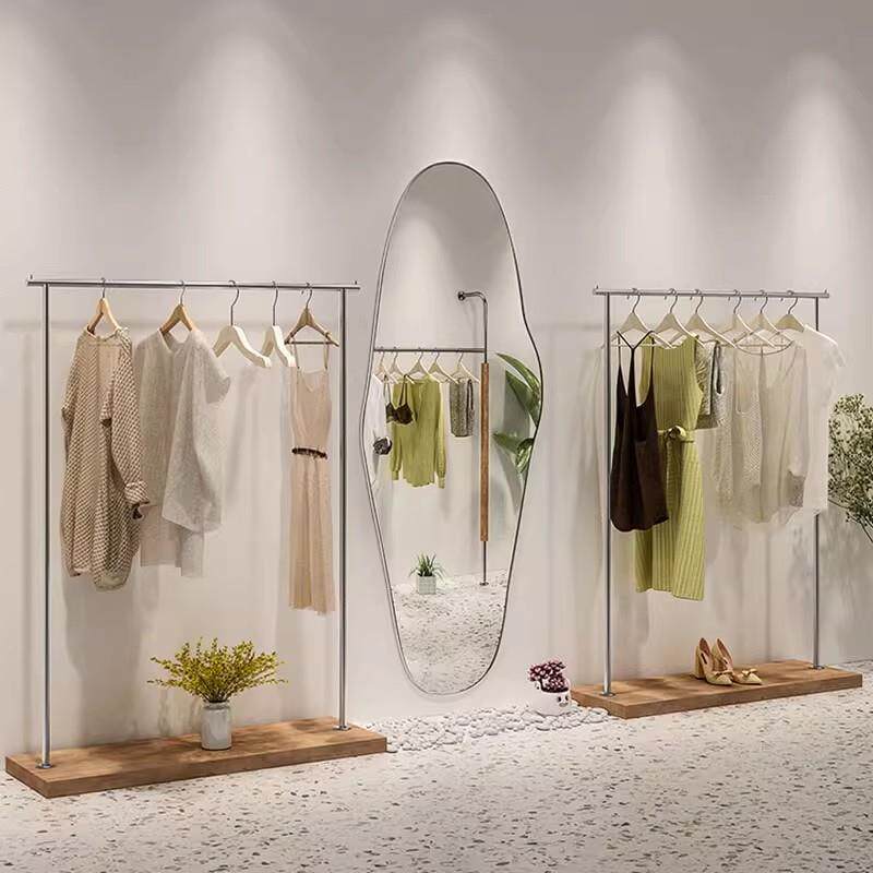 高档服装店不锈钢中岛展示架落地式女装店衣架落地杆挂衣架子专用
